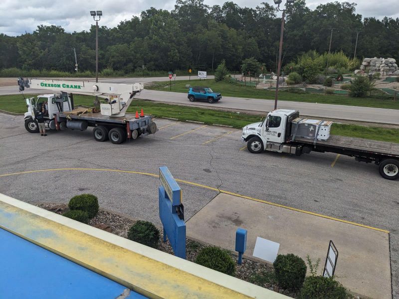 Trucks in a parking lot.