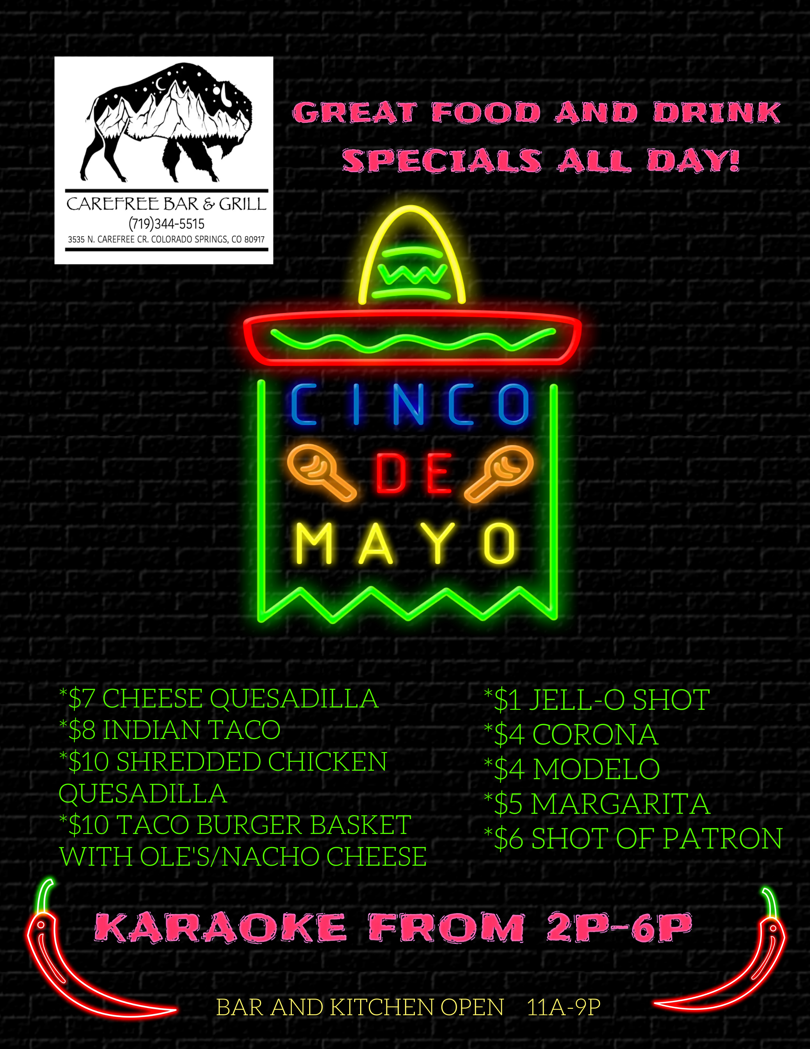 Cinco de Mayo Food & Drink with Karaoke at Carefree Bar & Grill in Colorado Springs, CO