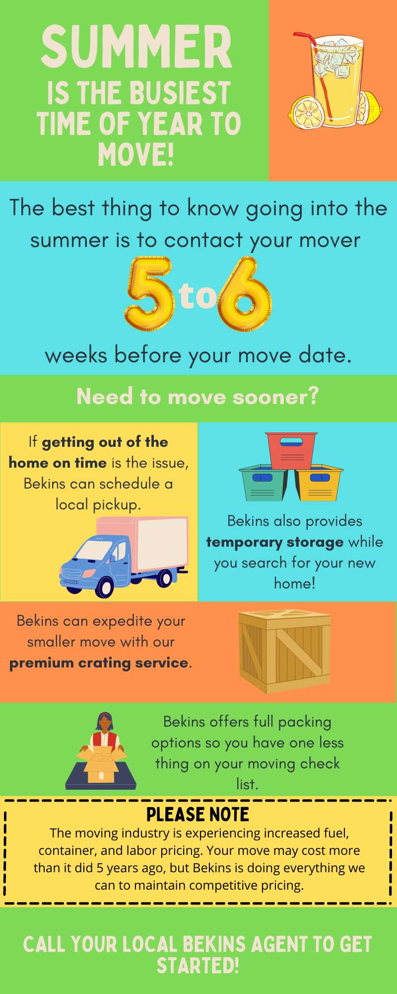 Summer moving infographic conveying the need to contact your mover 5 to 6 weeks beforehand. 