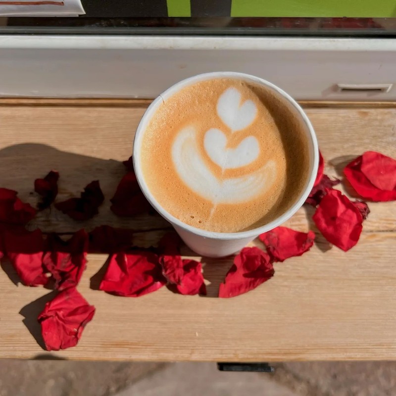 Latte with Valentine's day art.