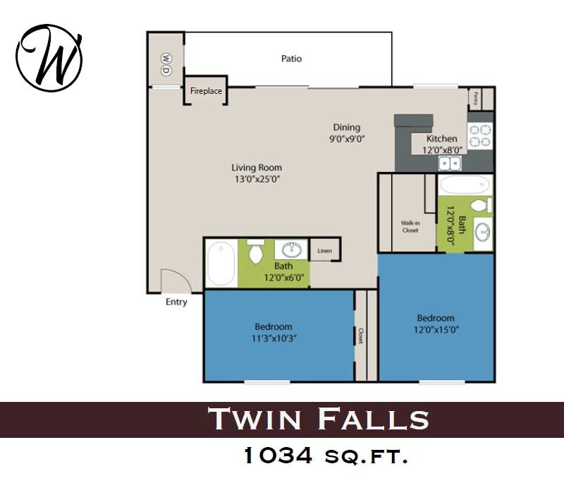 An apartment two-bedroom floor plan.