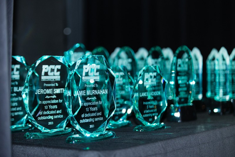 A row of awards standing next to each other.