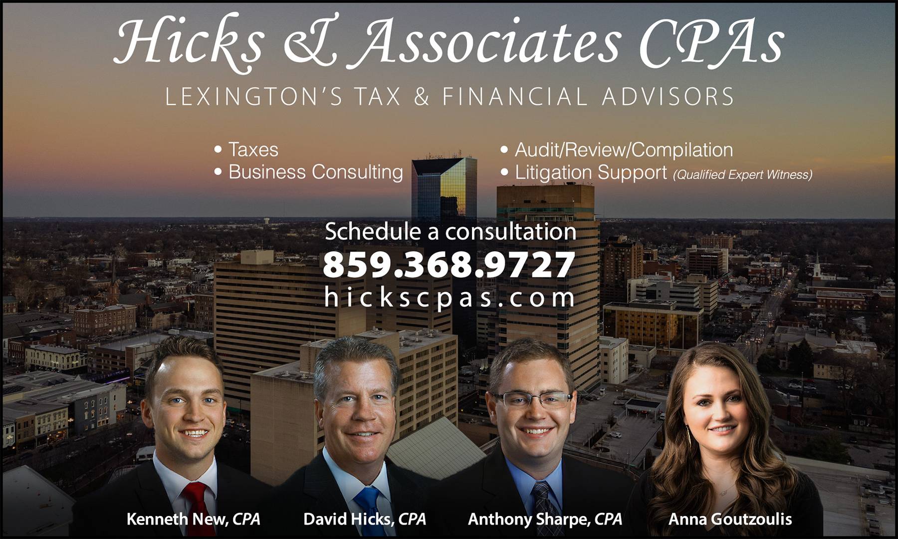 The agents for Hicks & Associates CPAs with a city skyline in the background.