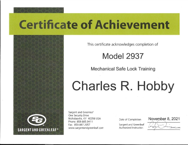 Mechanical Safe Lock Training certificate of achievement