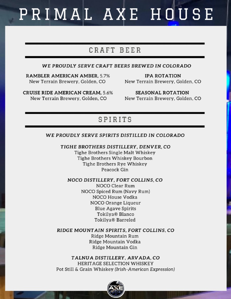 Craft Beer & Spirits menu