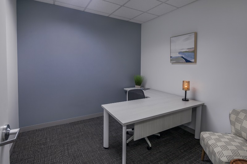 An interior office with conference table and storage cabinets.