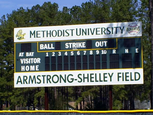An athletic scoreboard for Armstrong-Shelley Field at Methodist University.