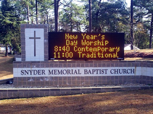 Outdoor signage for Snyder Memorial Baptist Church with an LED message screen.
