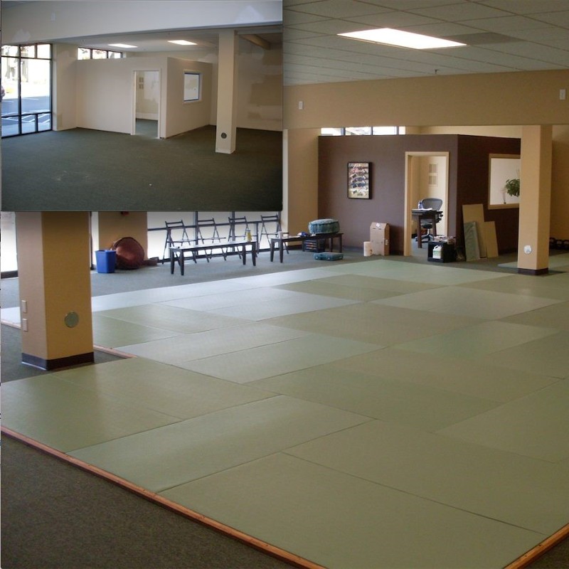 A before and after image of an office with new flooring. 