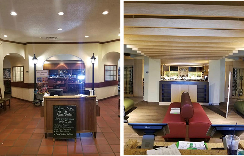 A before-and-after view of the welcome desk of a local Olive Garden restaurant