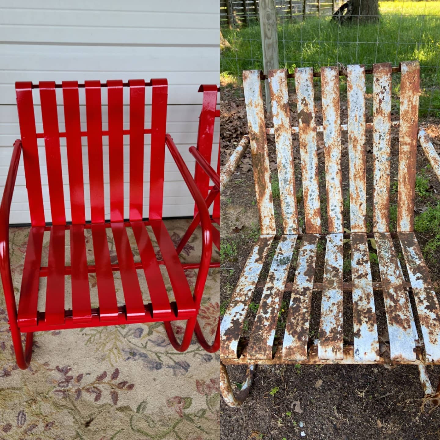 Before and after photos of an old, rusty chair that is now painted bright red.