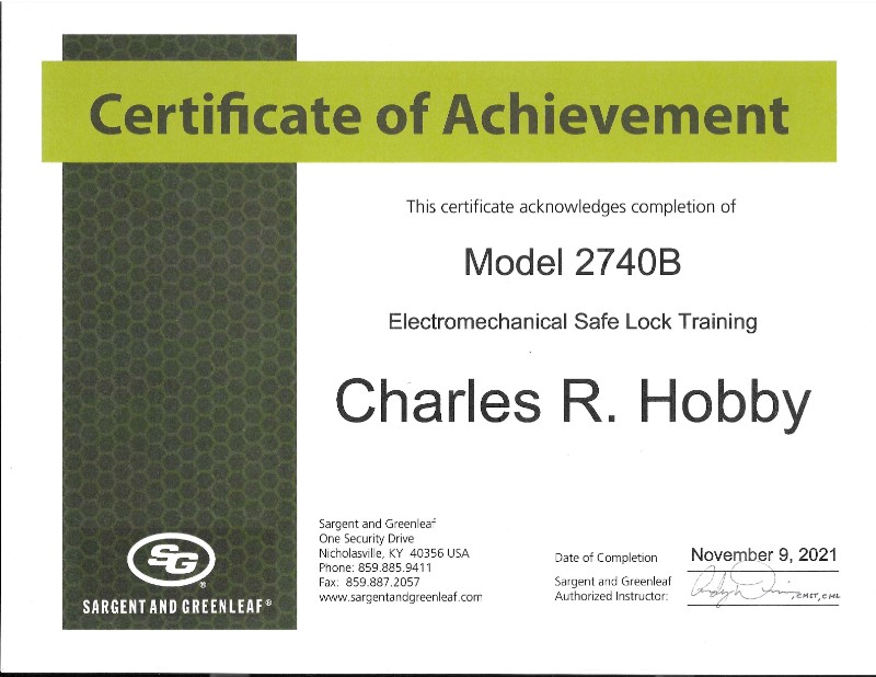 Electromechanical Safe Lock Training certificate of achievement