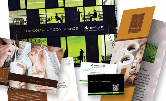 Marketing materials including tri-folds, business cards, booklets, and post cards