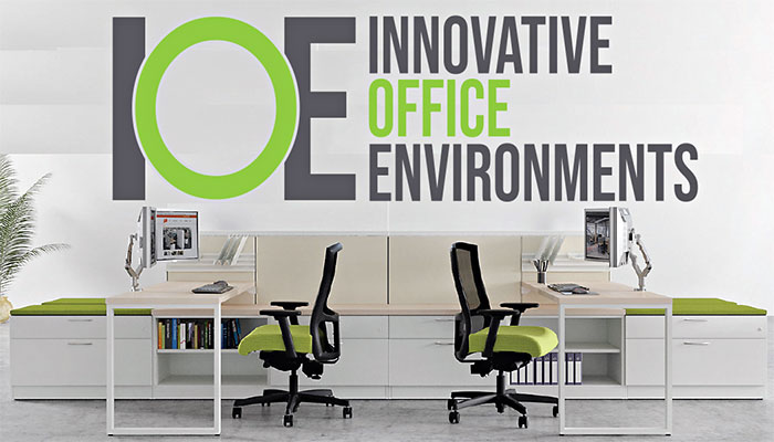 Two office chairs sit at modern desks below an Innovative Office Environments logo.