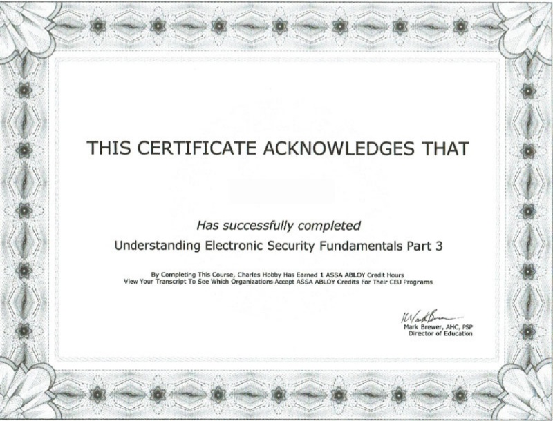 Electronic Security Fundamentals certificate