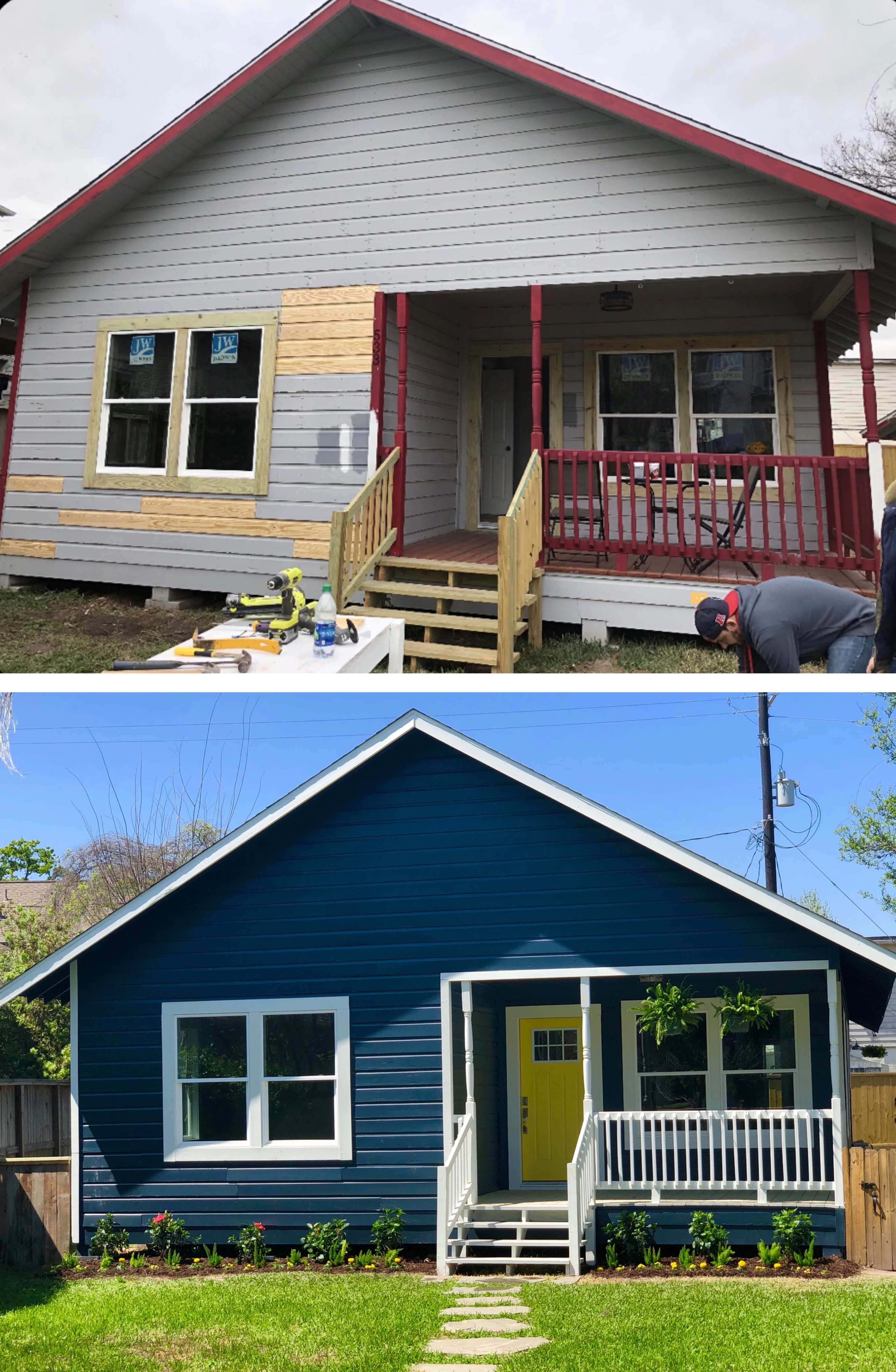 Before-and-after photo showing a drab, gray house upgraded to a rich, welcoming blue