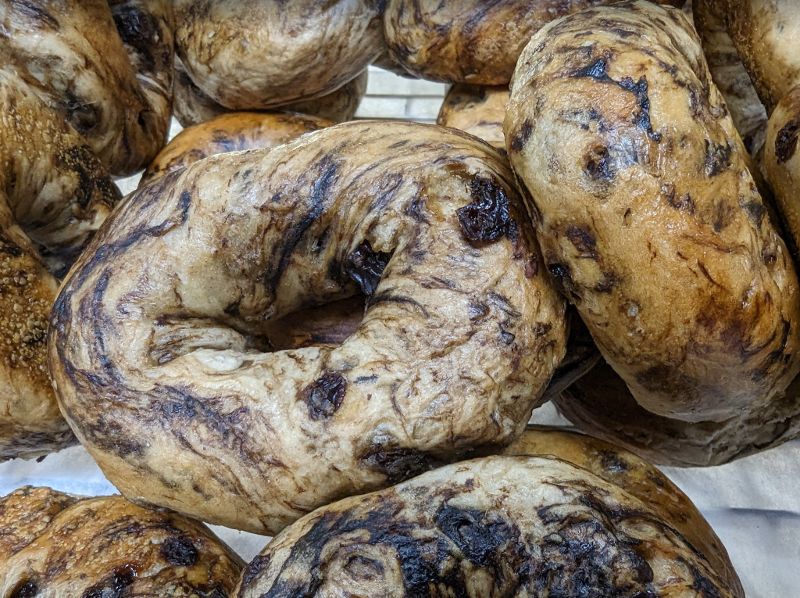 A closeup view of blueberry bagels.