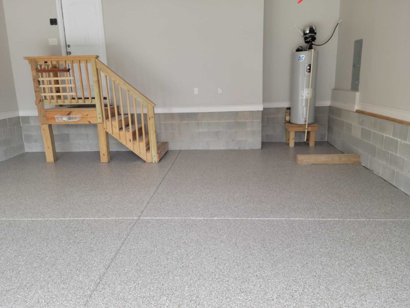 A garage floor with epoxy flooring.