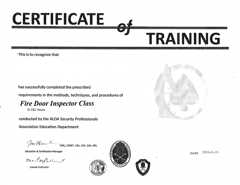 Fire Door Inspector Class Certificate