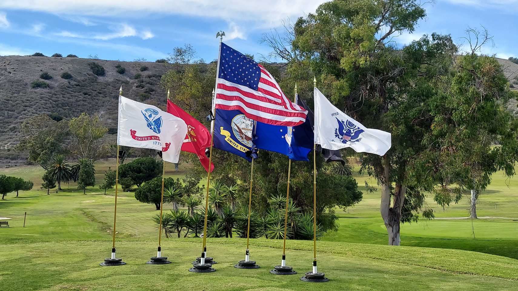 The American flag flanked by military flags