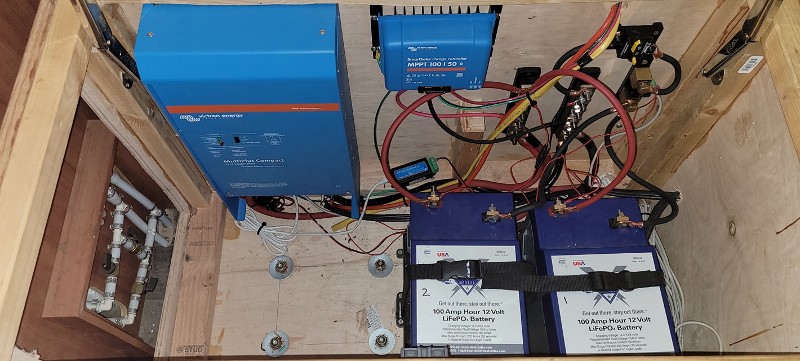 Battery sources hooked to solar converters in an RV.