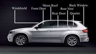 A silver car has a lines drawn identifying the different features of the car.