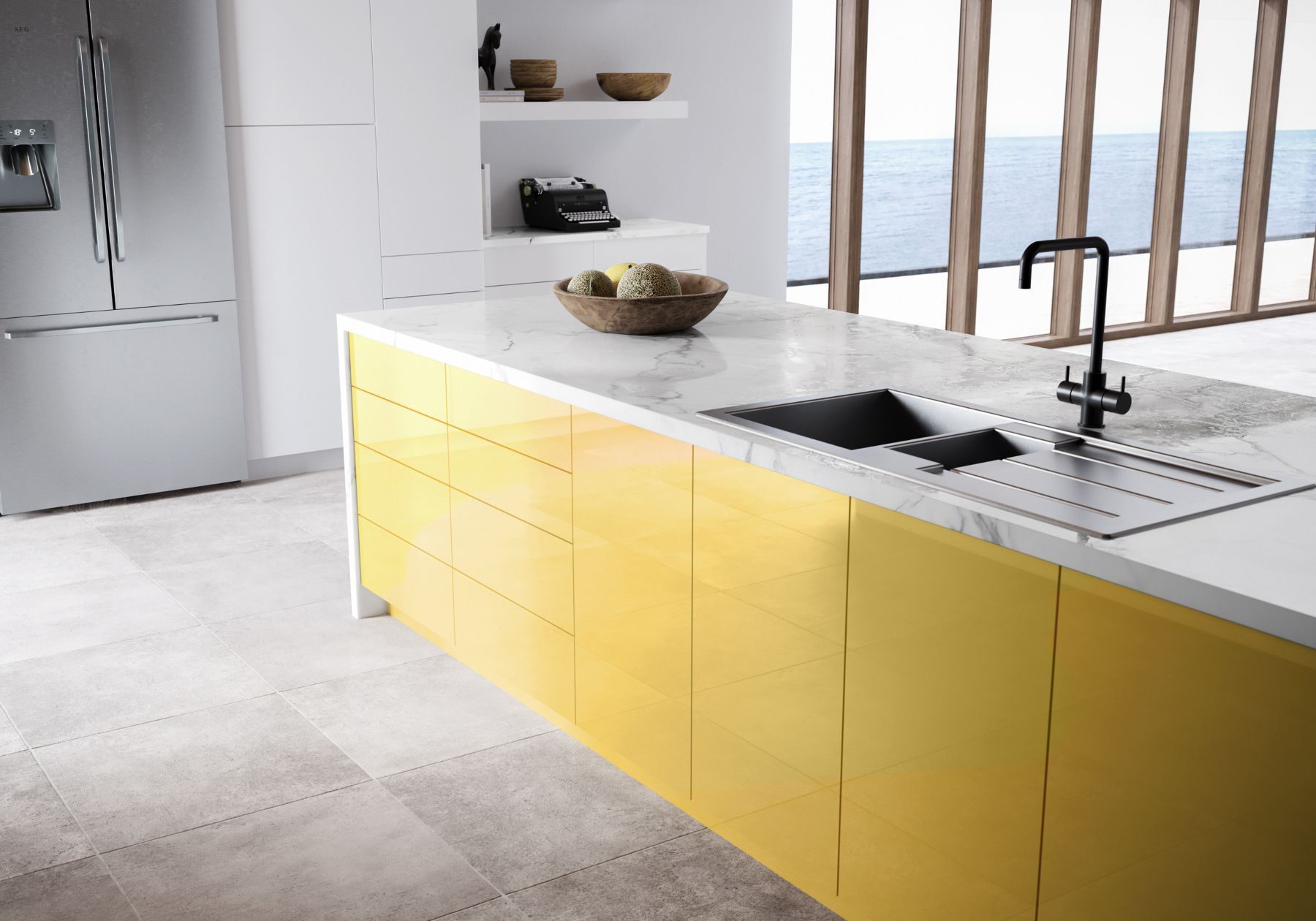 Stunning marble countertops over bright yellow cabinets.