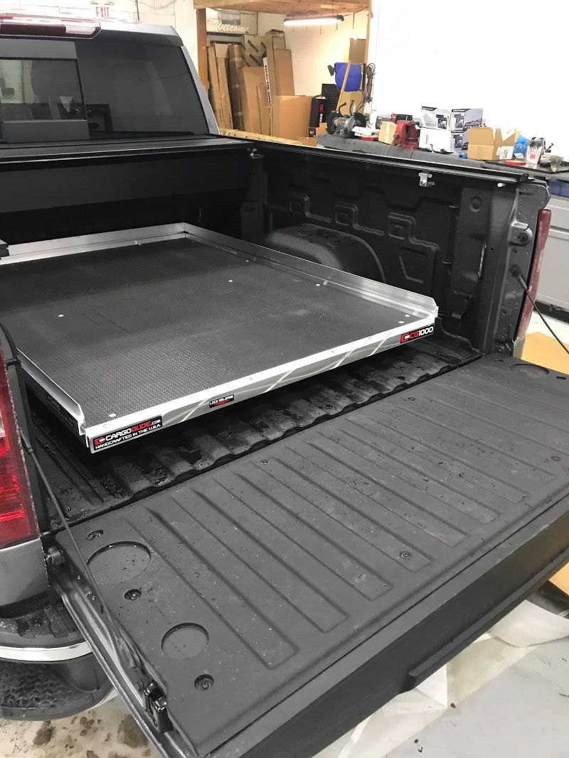 Truck bed with a CargoGlide sliding truck bed cargo tray.