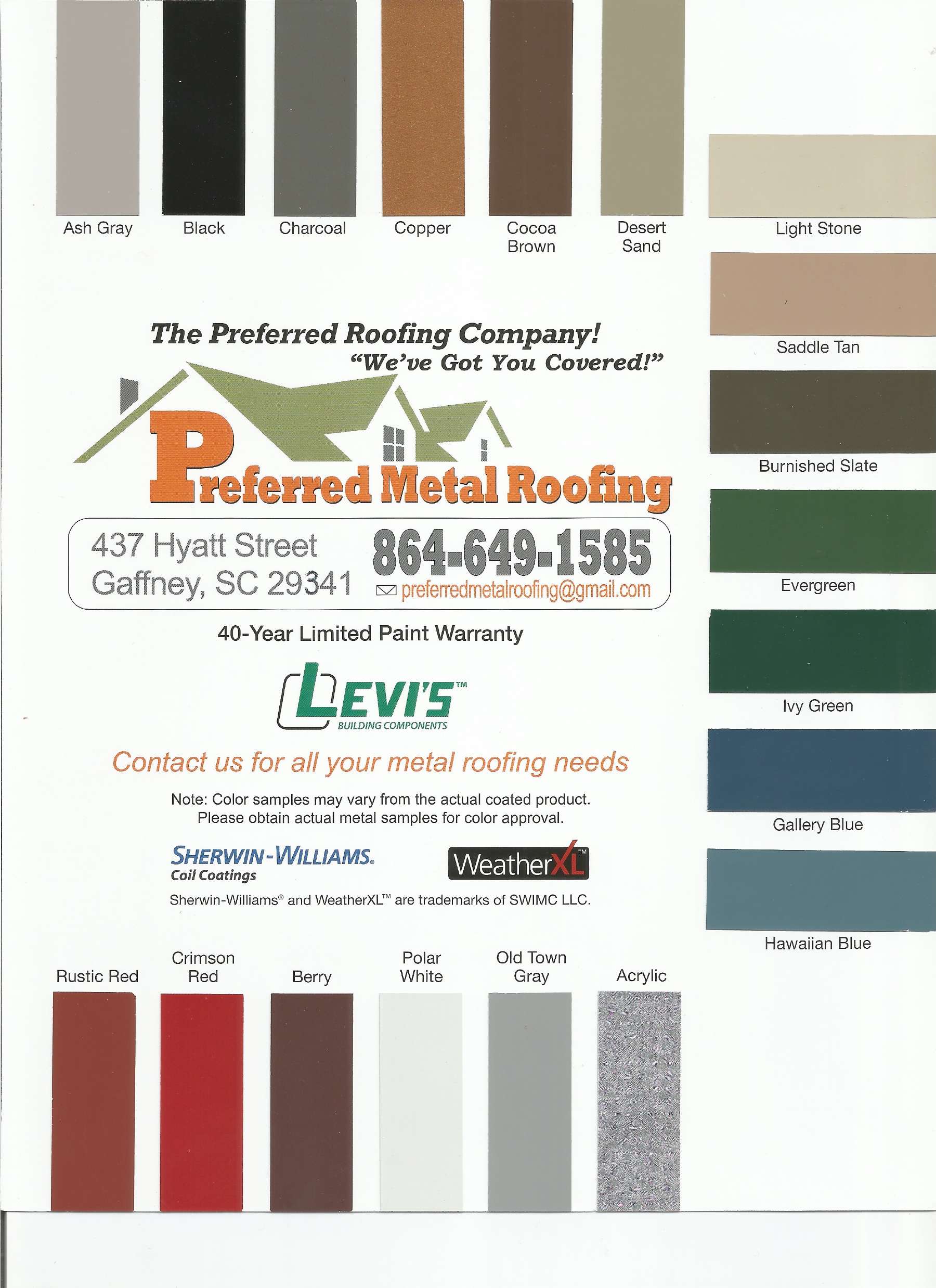 Preferred Metal Roofing color chart
