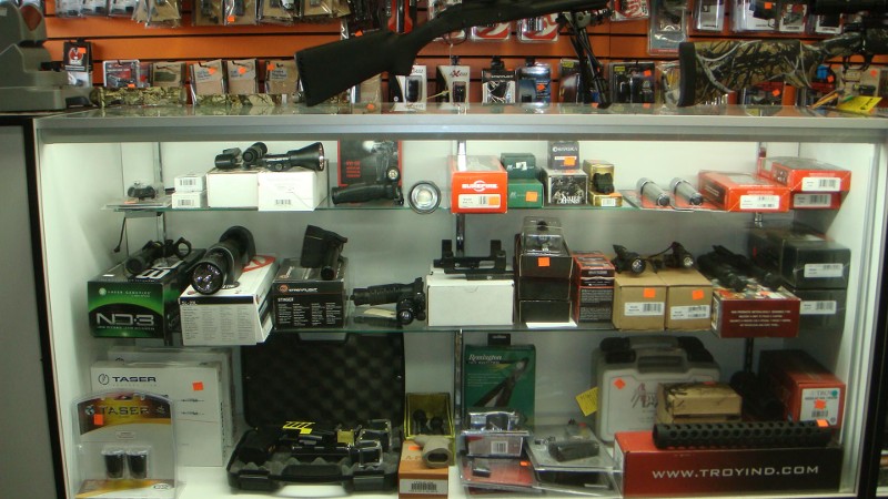 A display case of firearm accessories.