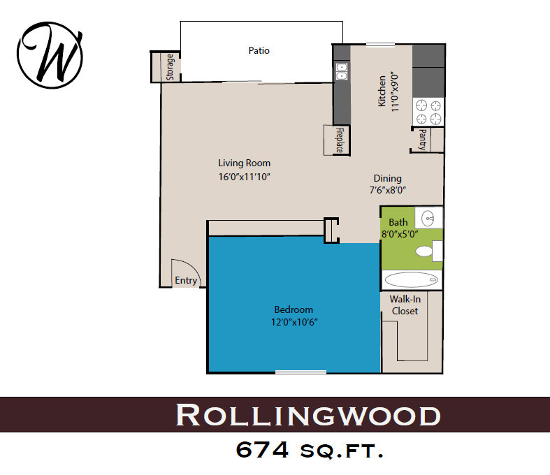 A one-bedroom apartment floor plan