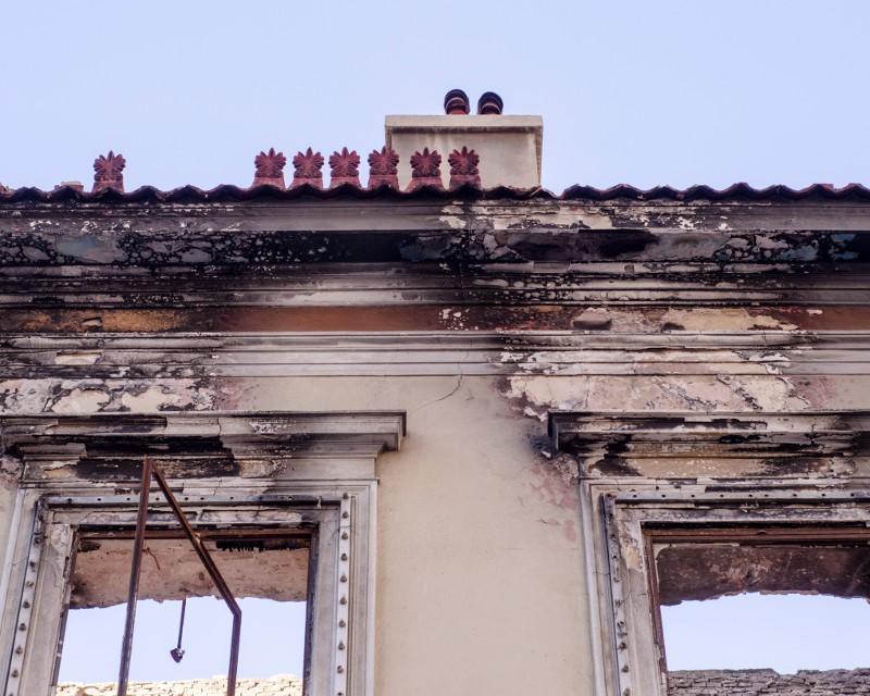 Roof of a fire-damaged building