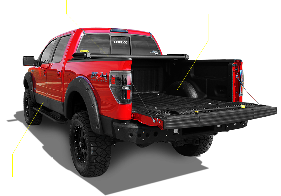 A graphic showing a Tonneau cover, a bedliner, and rocker panels