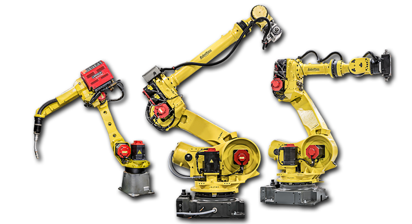 Three yellow robotic arms